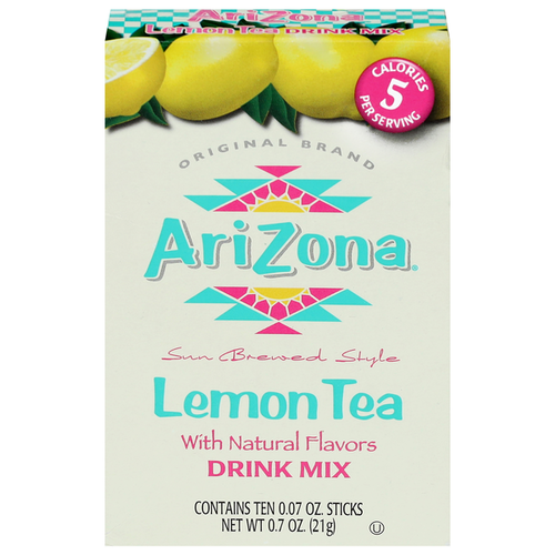 Arizona Lemon Tea Sun Brewed Style drink mix package with lemons on a white background. NET WT 0.7 oz (21g)