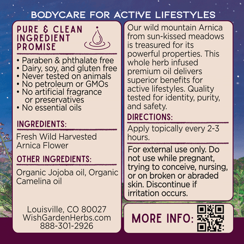 Product label for bodycare with ingredients and directions on a purple background