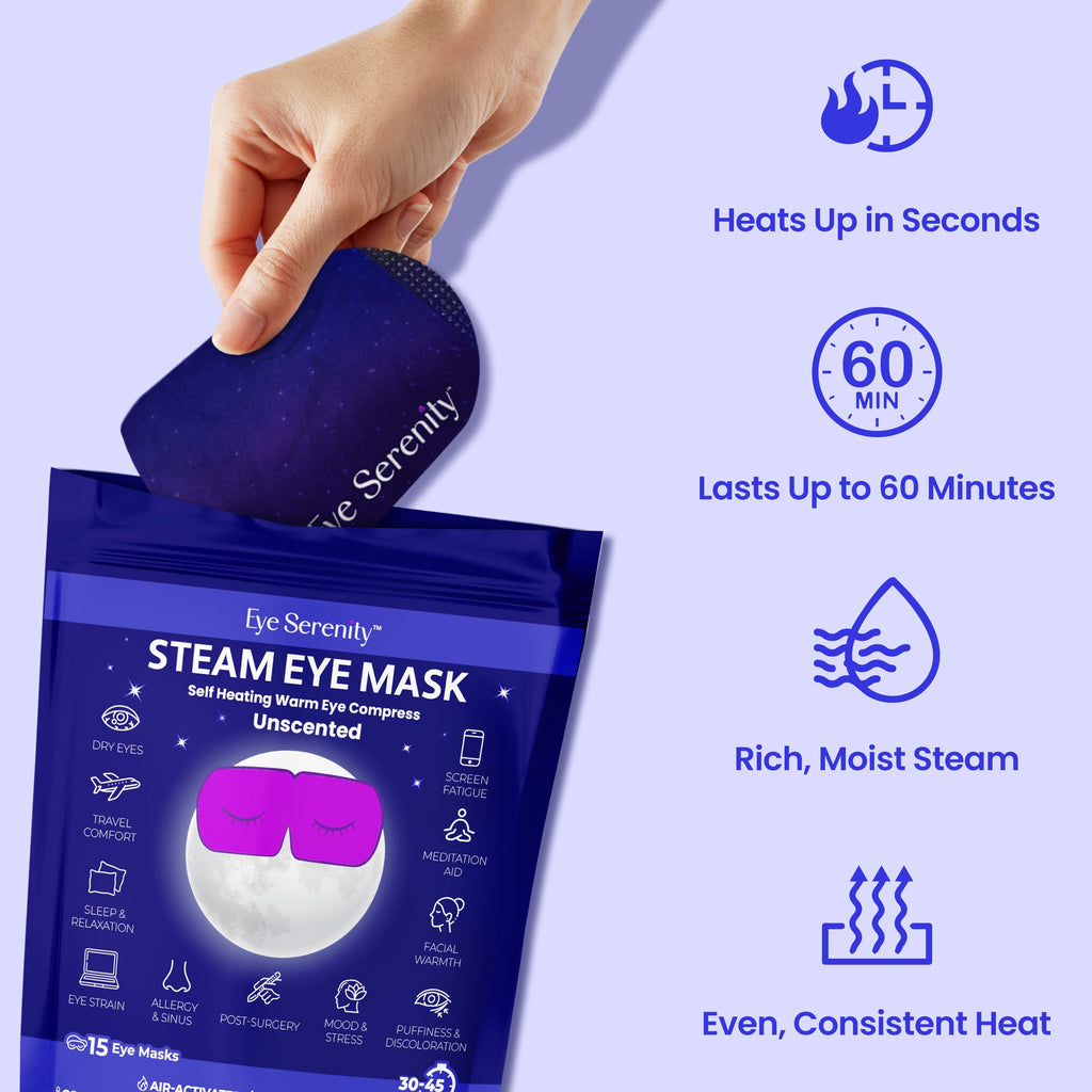 Eye Serenity steam eye mask packaging with hand holding self-heating eye compress, 60-minute moist steam heat for sleep, relaxation and tired eyes