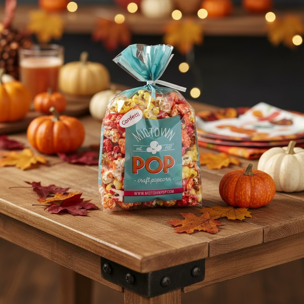 Bag of **Midtown Pop "Autumn" Confetti Gourmet Popcorn** in a clear gift bag displayed on a rustic wooden table with pumpkins, colorful autumn leaves, and a warm fall-themed background. Perfect seasonal gourmet popcorn gift for Halloween, Thanksgiving, and fall celebrations.
