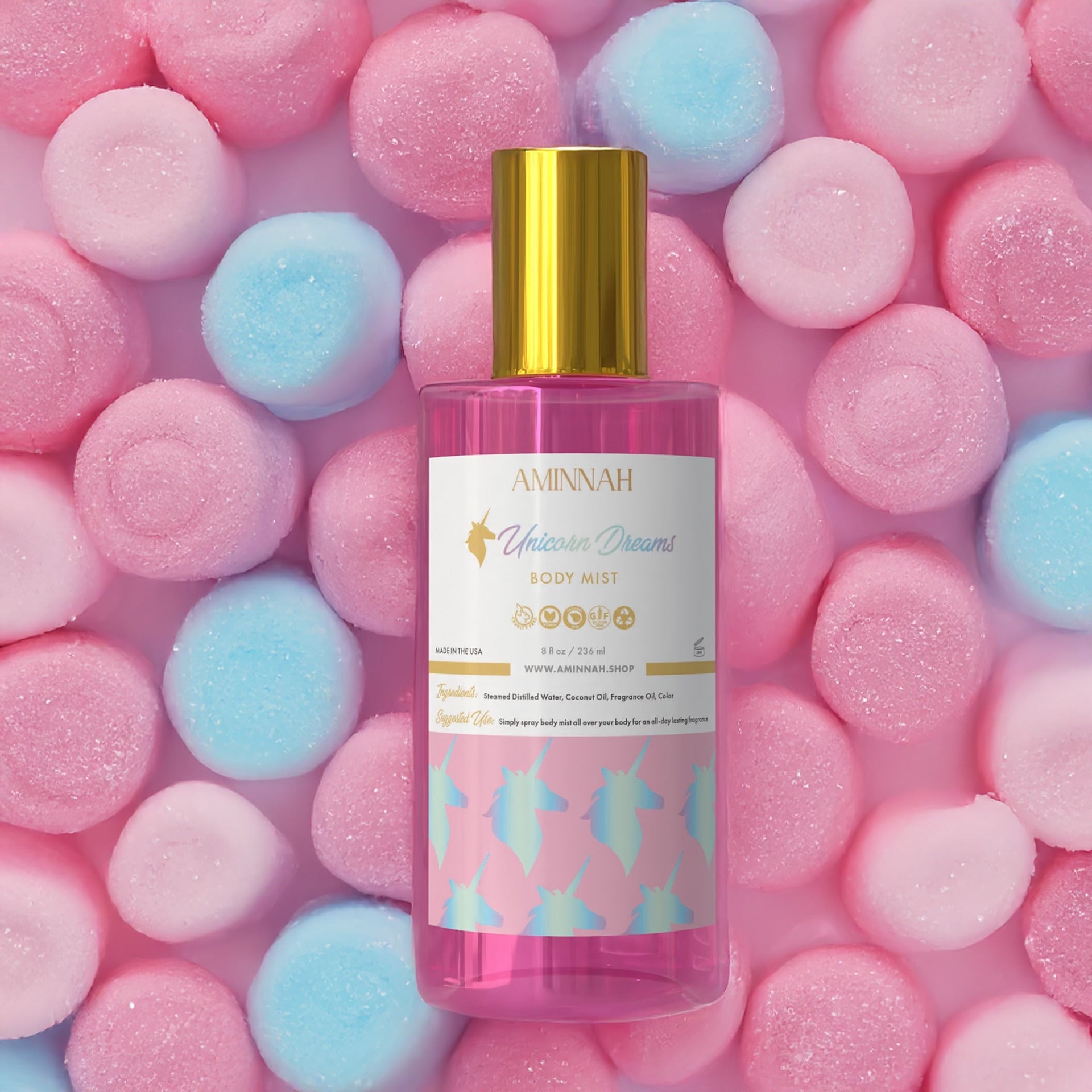 AMINNAH Body Mists fragrance collection featuring Unicorn Dreams, Mermaid Kisses, XOXO, and Sprinkle Donut. Lightweight fruity body sprays for everyday fragrance layering from a female-owned clean beauty brand.