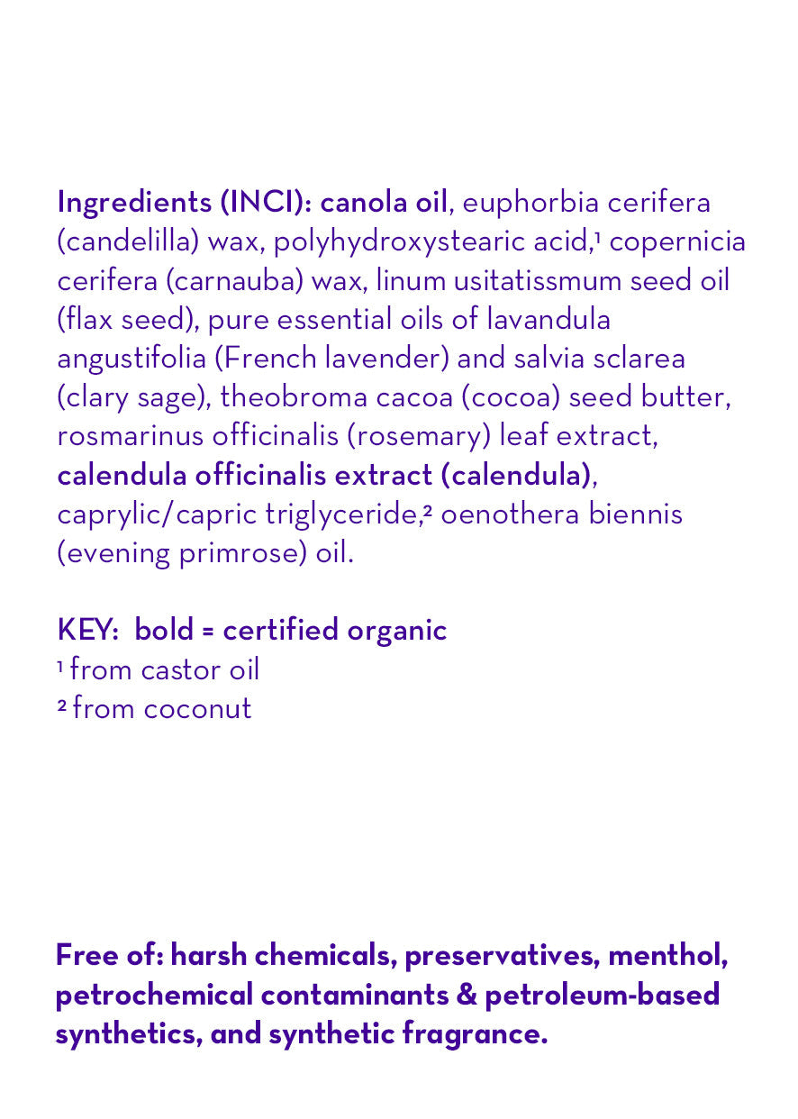 List of ingredients with certification details on a white background California Baby® Calming™ Bedtime Stick with French Lavender – USDA Certified Biobased, 100% Plant-Based, Vegan Moisturizing Aromatherapy Balm for Babies, Kids & Adults | 0.44 oz/12.5 g