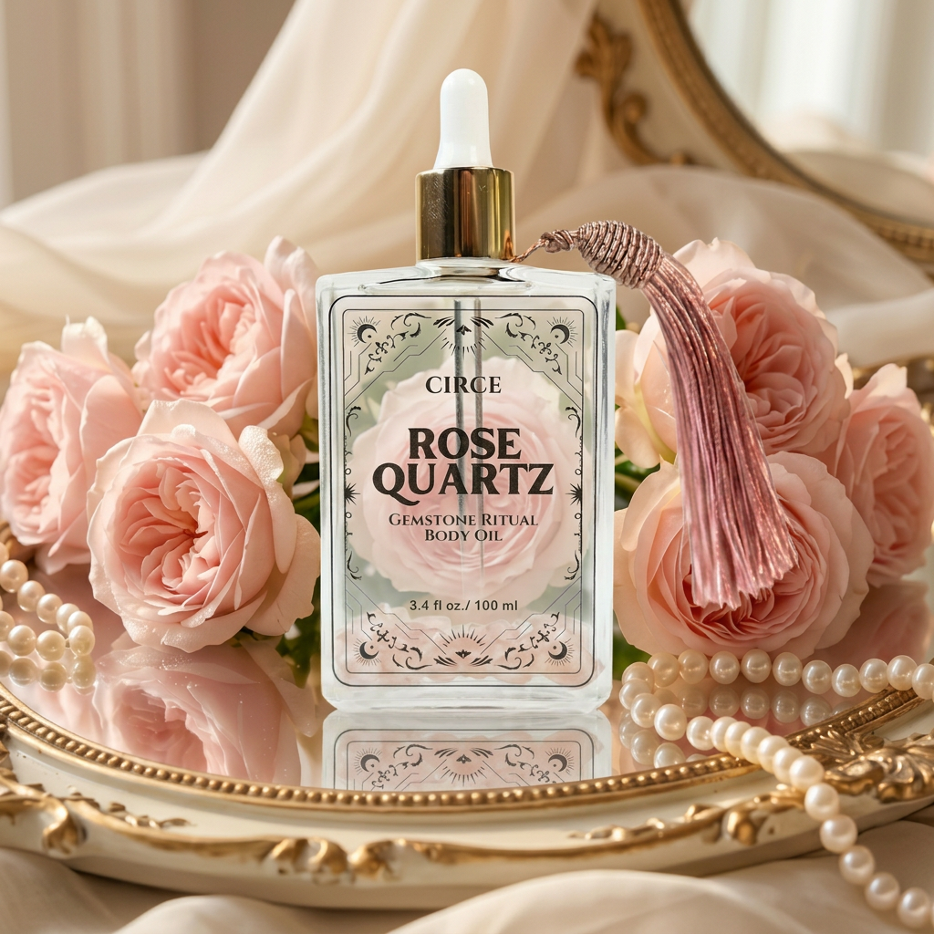 Rose Quartz Gemstone Body Oil — Cherry Blossom Shimmer Oil for Love & Self-Care