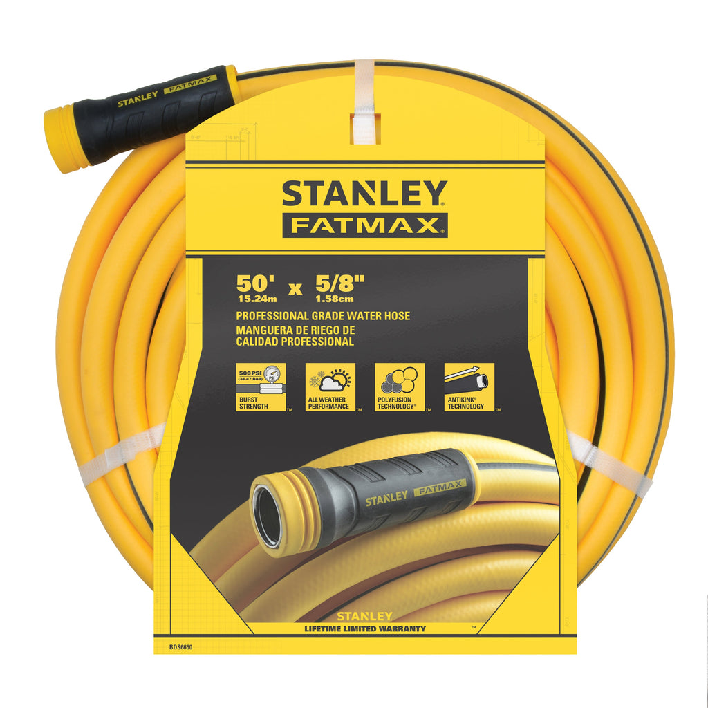 Yellow Stanley FatMax garden hose packaging on a white background