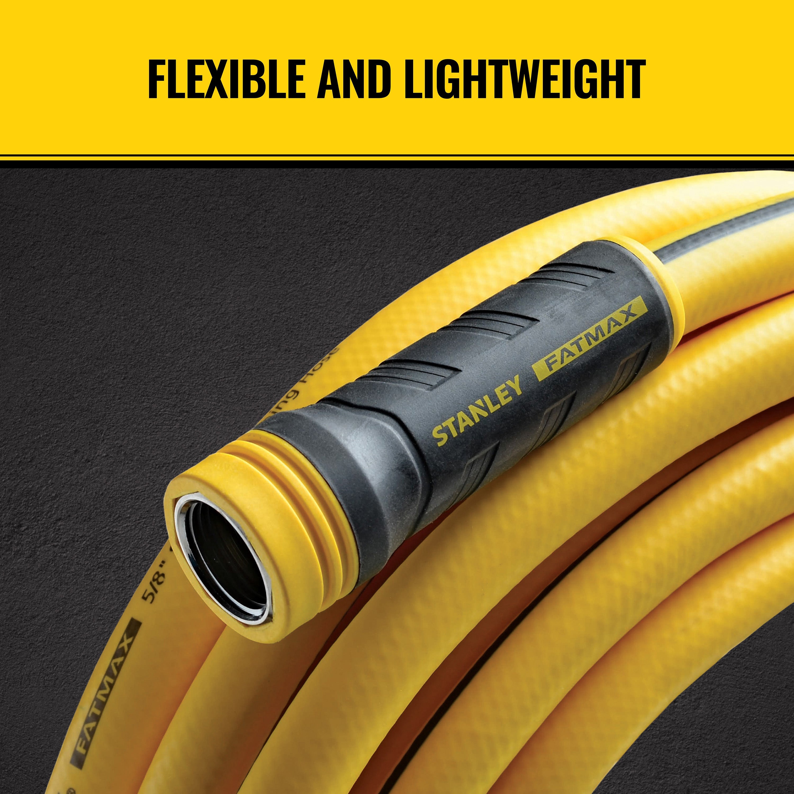 Yellow hose with black connector labeled 'Stanley Fatmax' on a dark background. Flexible and lightweight