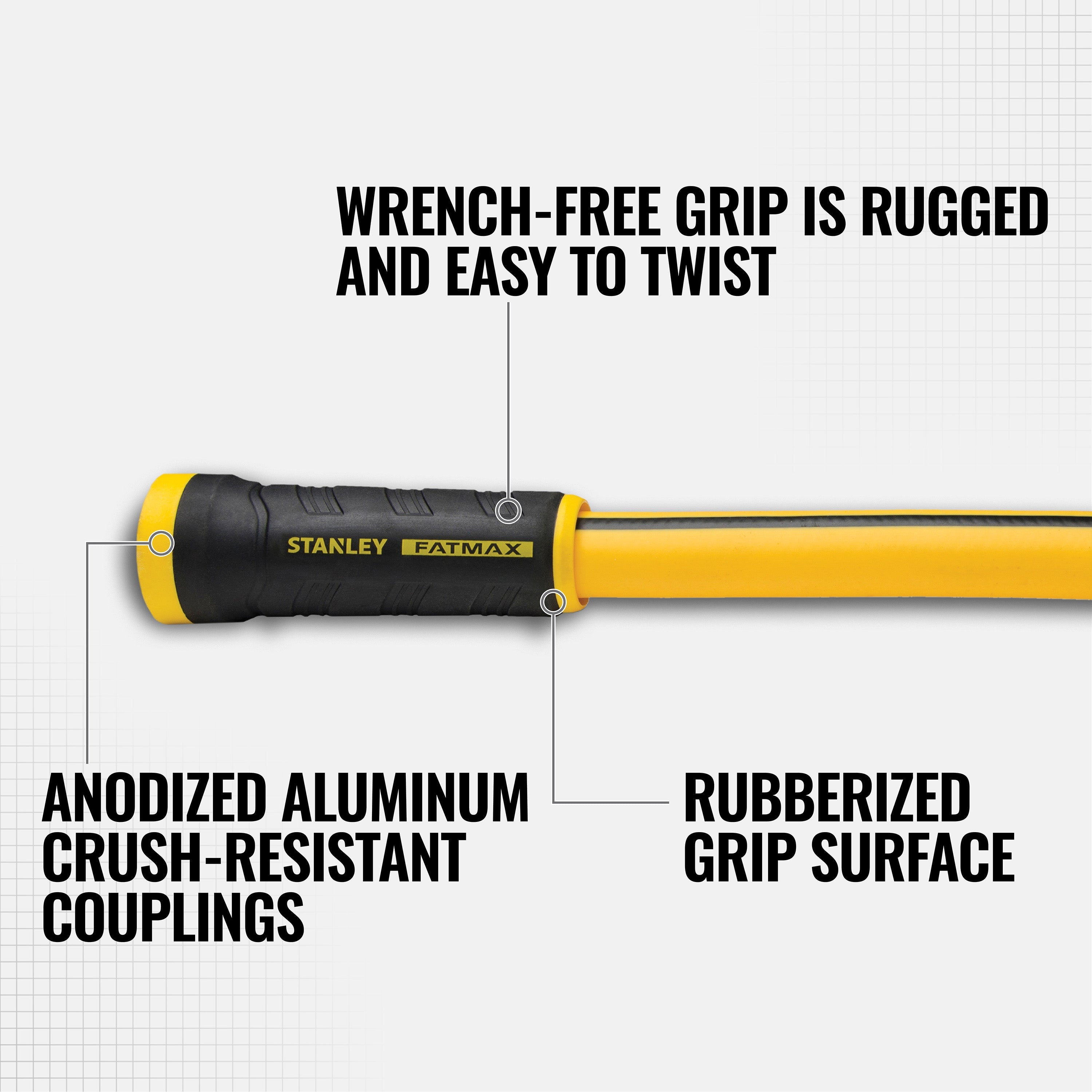 Yellow and black hose with text highlighting features on a white background