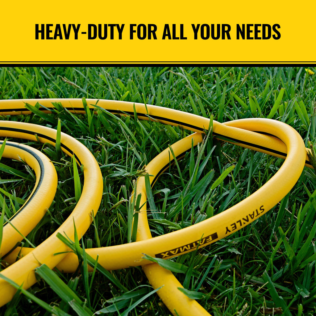 Yellow garden hose coiled on grass with 'Stanley' branding and text 'Heavy-duty for all your needs'.