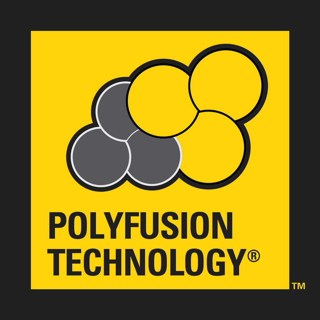Polyfusion Technology logo with yellow and gray circles on a black background