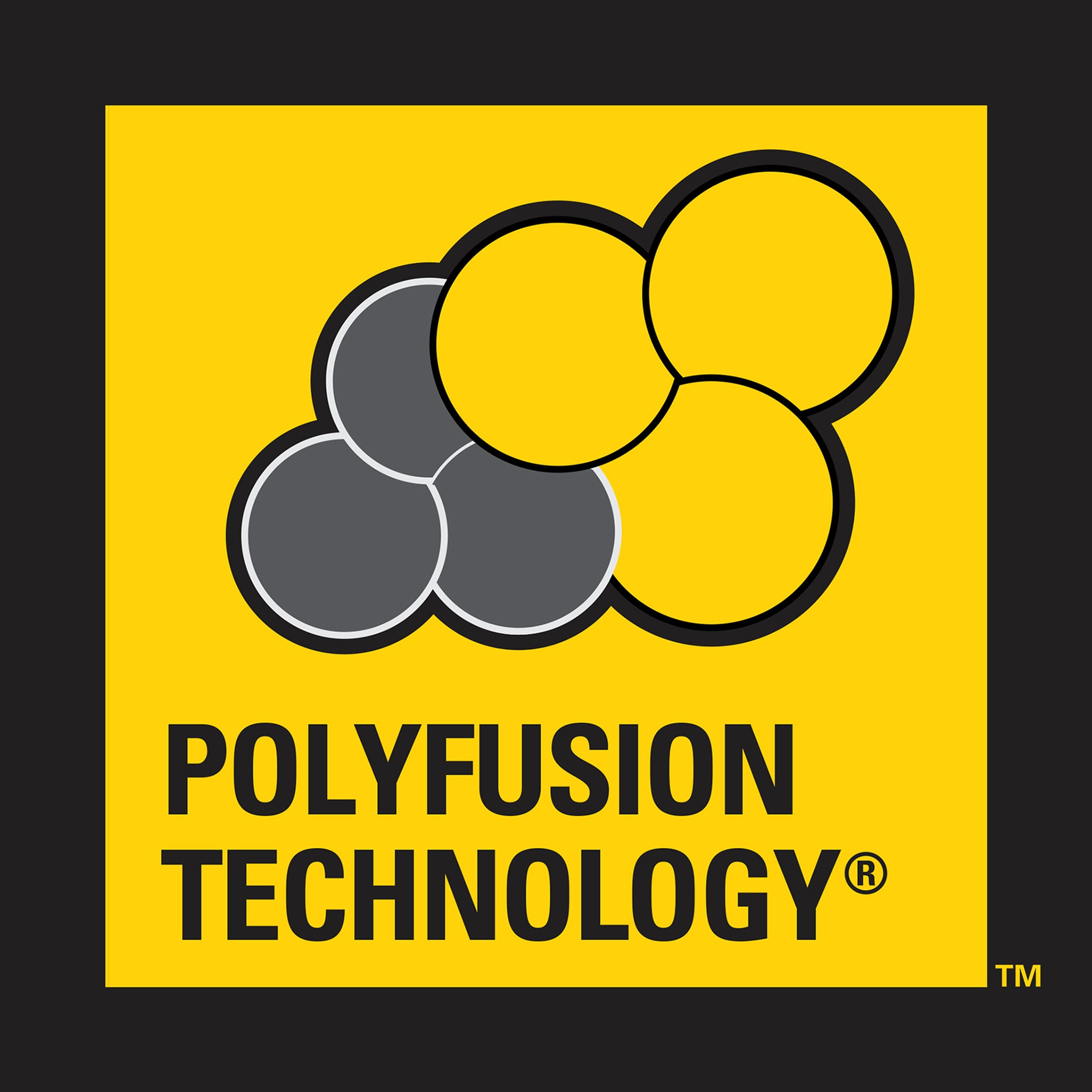 Polyfusion Technology logo with yellow and gray circles on a black background