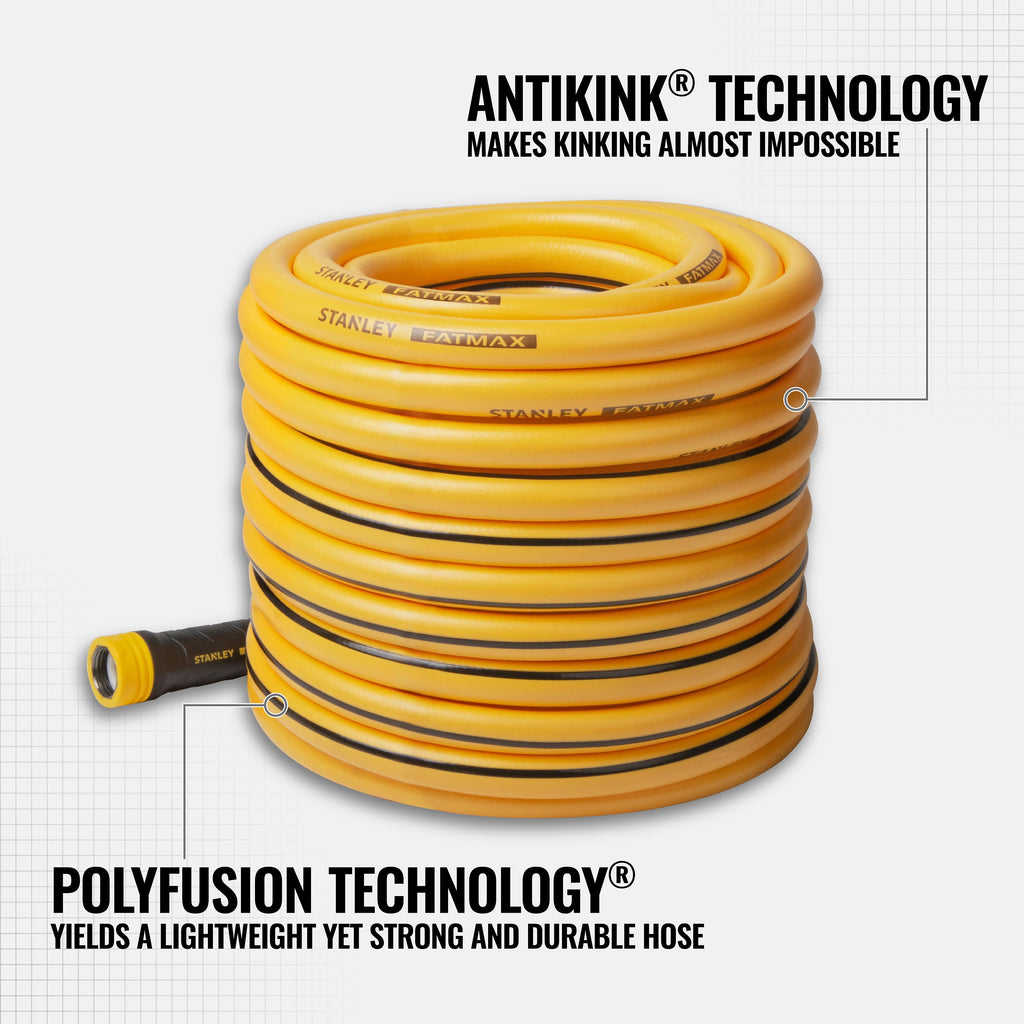 Yellow garden hose with black text on a white background. Antikink Technology. Makes kinking almost impossible. 2) All Weather Performance #) 500 PSI (34.47 Bar) Burst Strength 4) 5/8" Hose Diameter - Polyfusion Technology yields a lightweight yet strong and durable hose.
