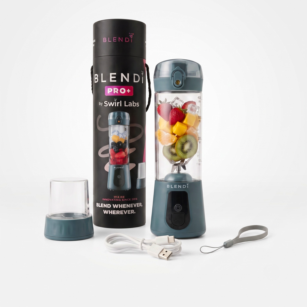 A portable blender set displayed on a clean white background, including the assembled blender with fruit inside, its tall black retail box, a small clear cup, a USB charging cable, and a gray wrist strap. The blender and packaging show the Blendi and Swirl Labs branding.
