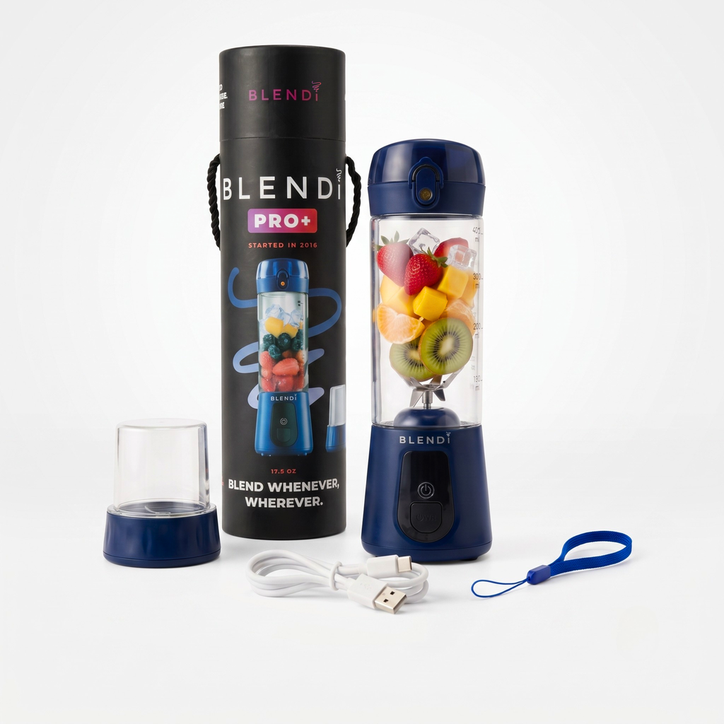 A portable electric blender set shown on a clean white background, including the blender bottle filled with fruit, its tall black carrying case, a small clear cup, a USB charging cable, and a blue wrist strap. The blender and case both show the Blendi brand name.