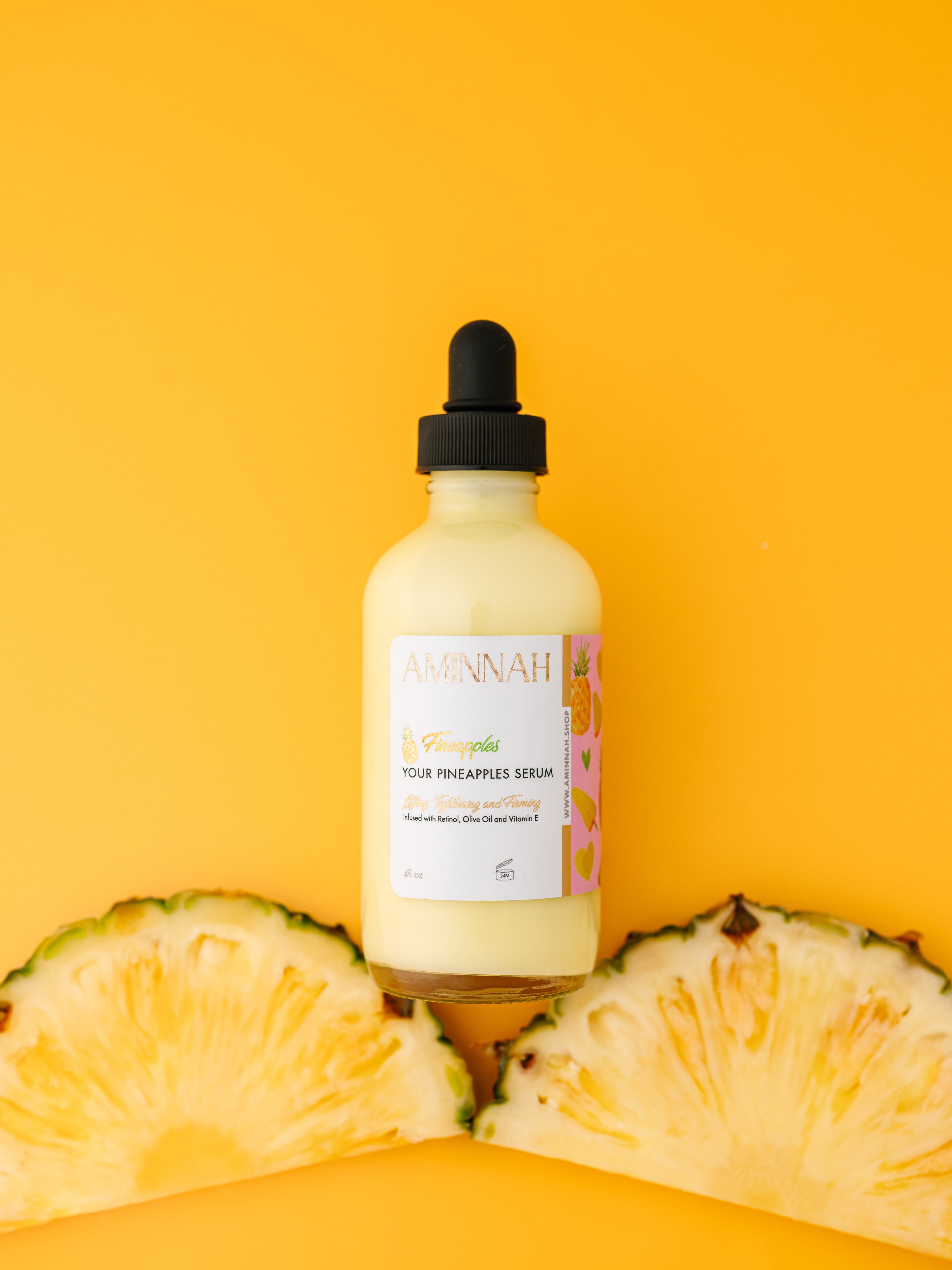 AMINNAH Fineapples Boob Serum with pineapple extract for breast skincare, clean beauty, cruelty-free, vegan, natural ingredients, female-owned brand. Nourishing firming serum formulated to hydrate, smooth, brighten, and improve the appearance of delicate skin for a radiant, healthy-looking glow.