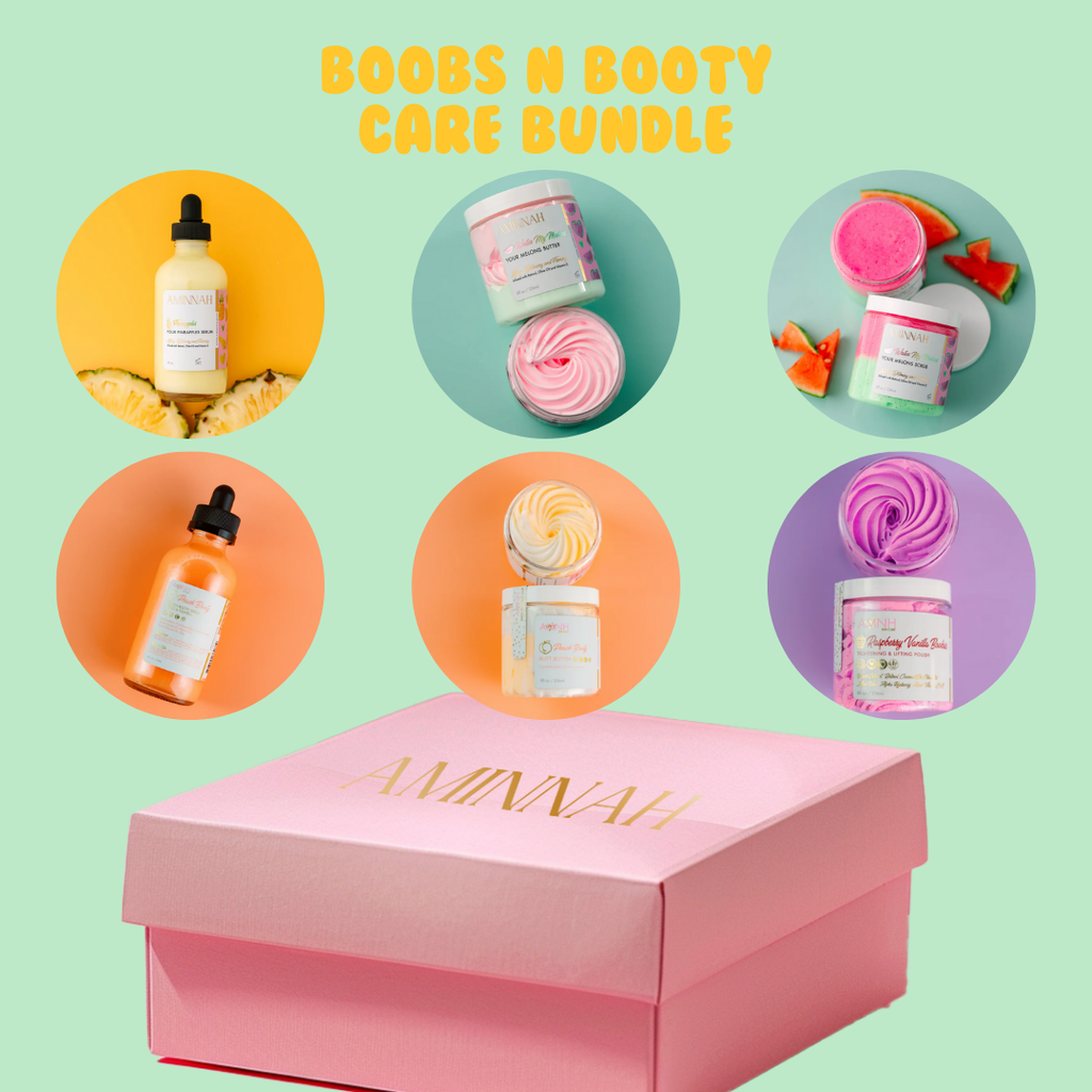 AMINNAH BOOBS & BOOTY CARE Bundle featuring natural ingredient body butter, sugar scrubs, and nourishing serums for firmer-looking, smoother skin. Clean beauty skincare gift set made with botanical extracts, cruelty-free, vegan-friendly ingredients from a female-owned brand, designed to hydrate, exfoliate, brighten, and pamper the bust and booty with luxurious self-care essentials.