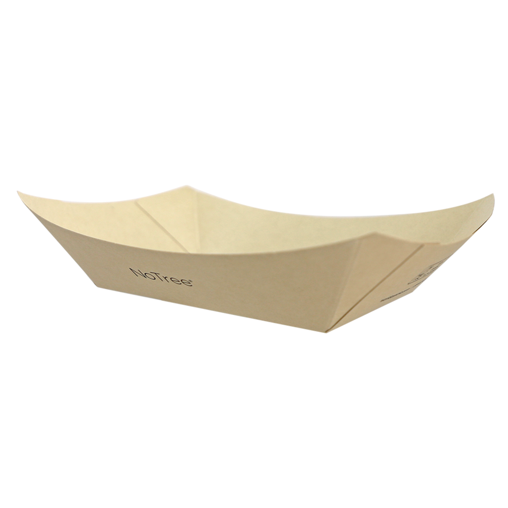 aCompostable natural NoTree paper boat tray for serving food, eco-friendly disposable serving tray with sturdy open-top design for snacks, fries, hot dogs, nachos, and concession stand meals.