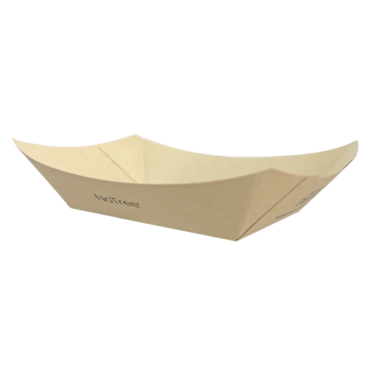 aCompostable natural NoTree paper boat tray for serving food, eco-friendly disposable serving tray with sturdy open-top design for snacks, fries, hot dogs, nachos, and concession stand meals.