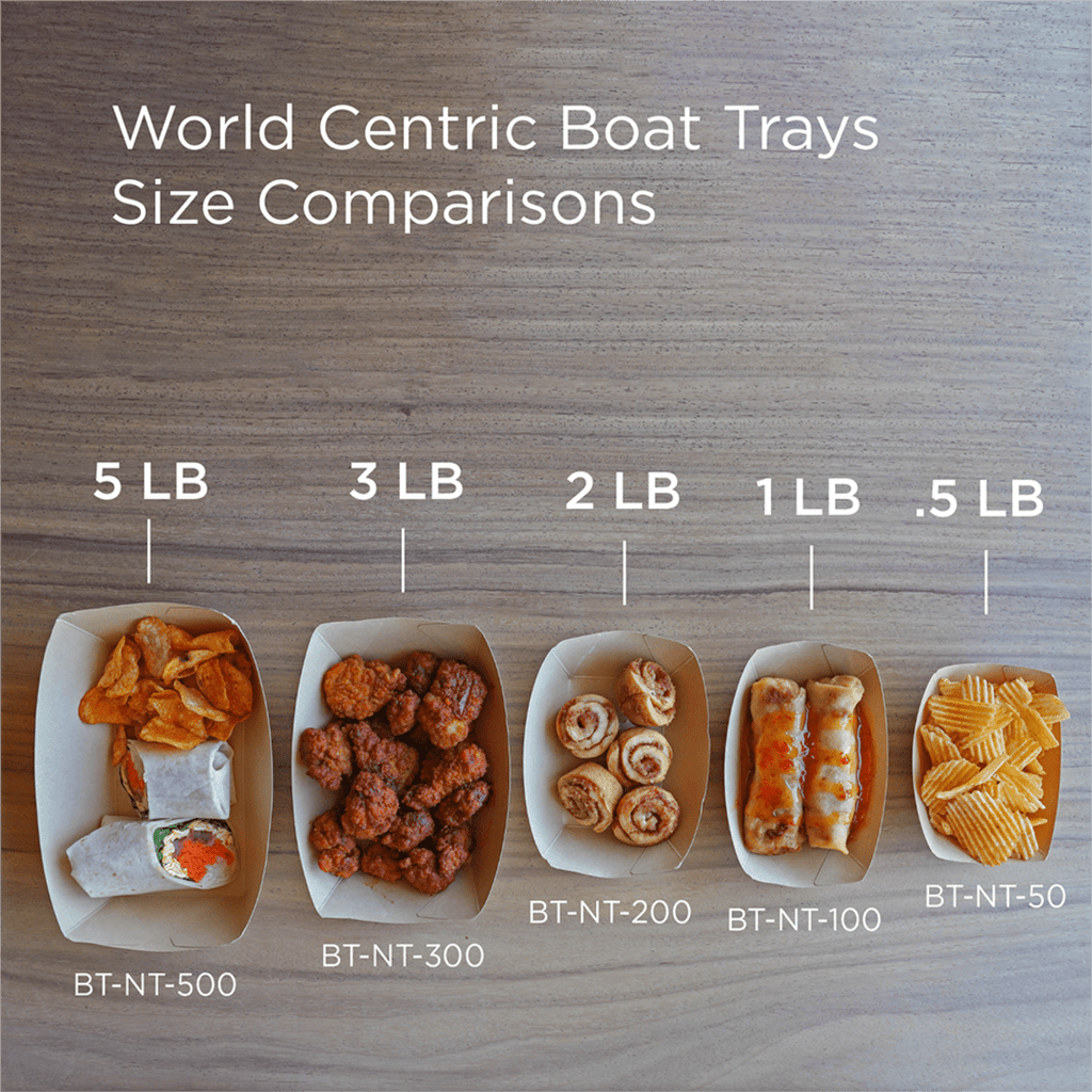 World Centric compostable NoTree boat tray size comparison showing 5 lb, 3 lb, 2 lb, 1 lb, and 0.5 lb disposable food trays with example food portions on a wooden surface.
