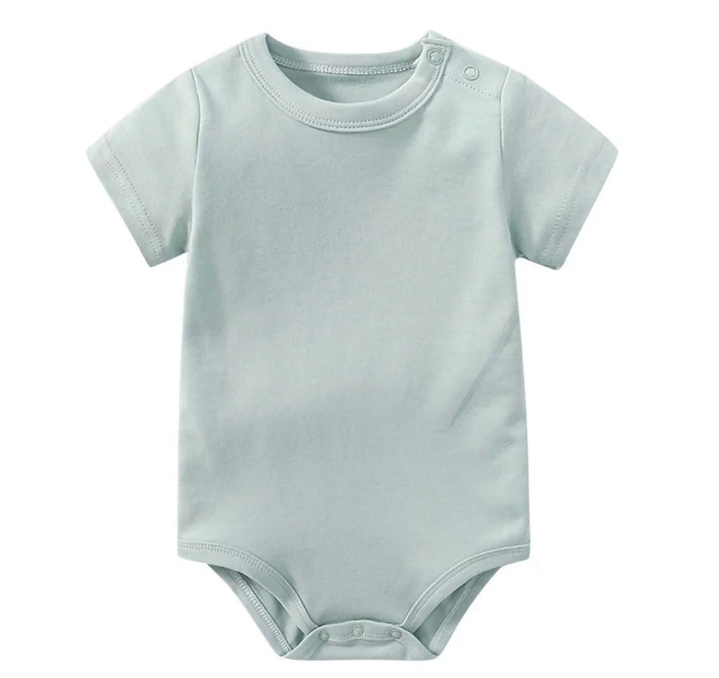 Light blue short-sleeve baby onesie with shoulder snap closures and bottom snap fasteners on a white background.