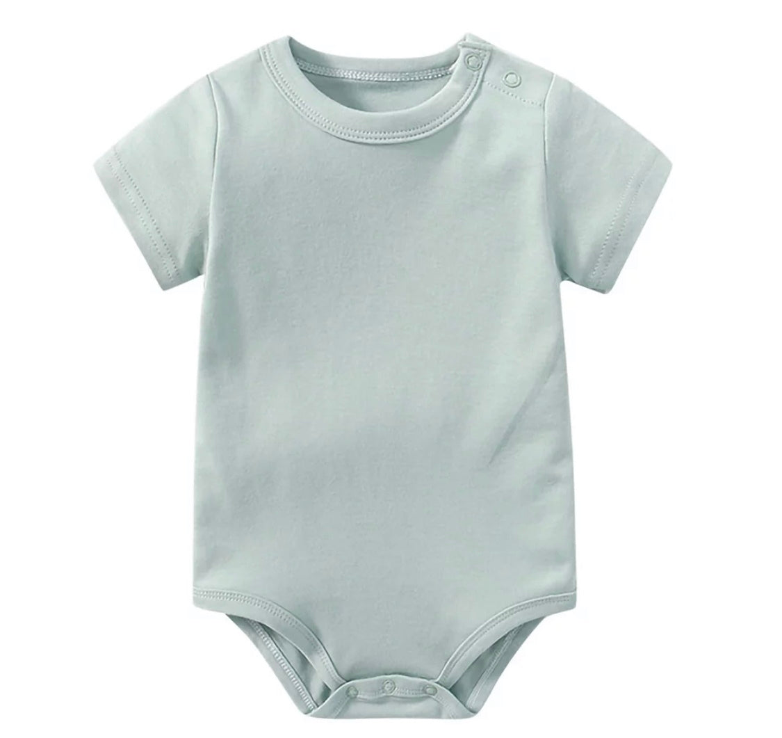Light blue short-sleeve baby onesie with shoulder snap closures and bottom snap fasteners on a white background.