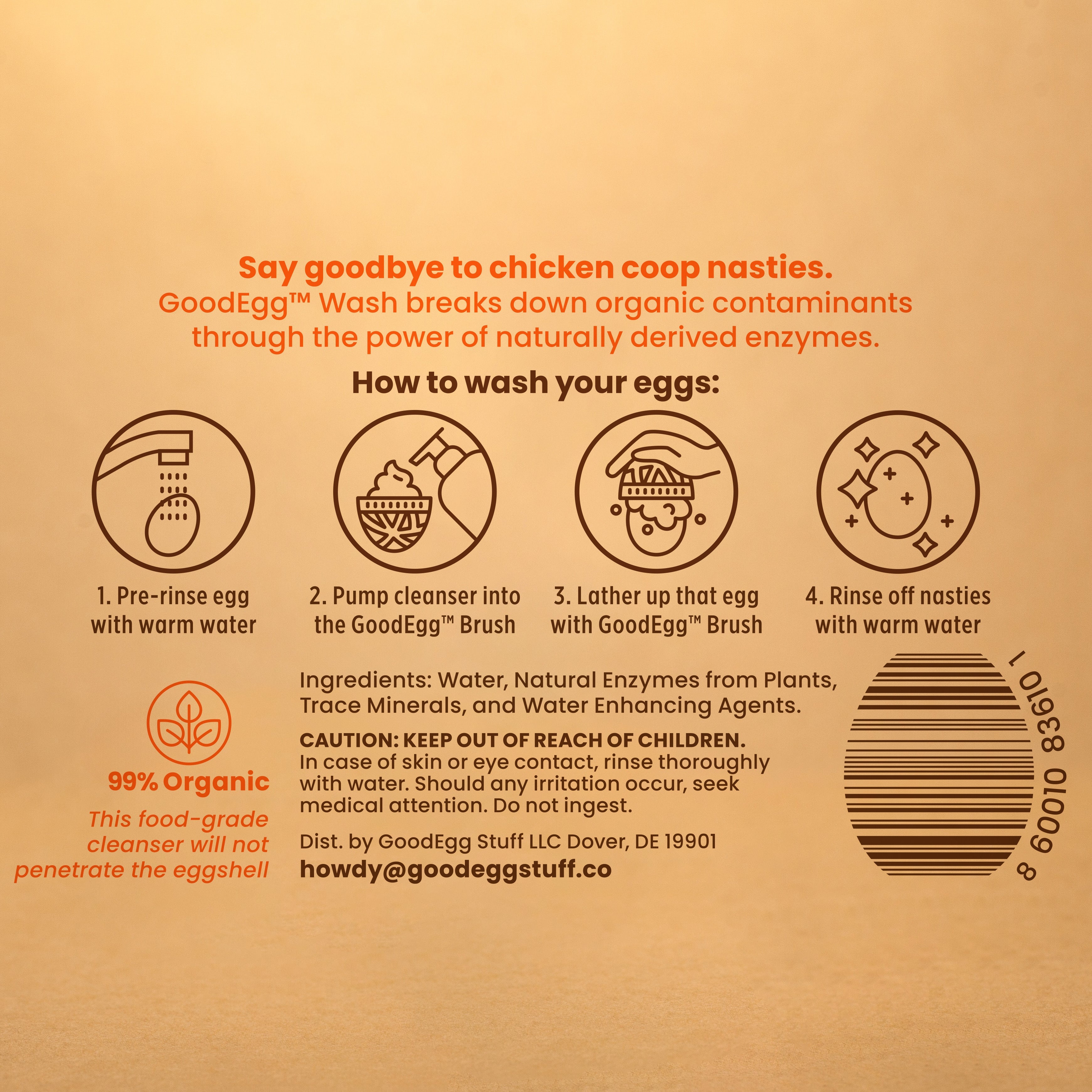 Back of GoodEgg Wash packaging showing step-by-step egg cleaning instructions, ingredients, safety information, and barcode on a brown background.