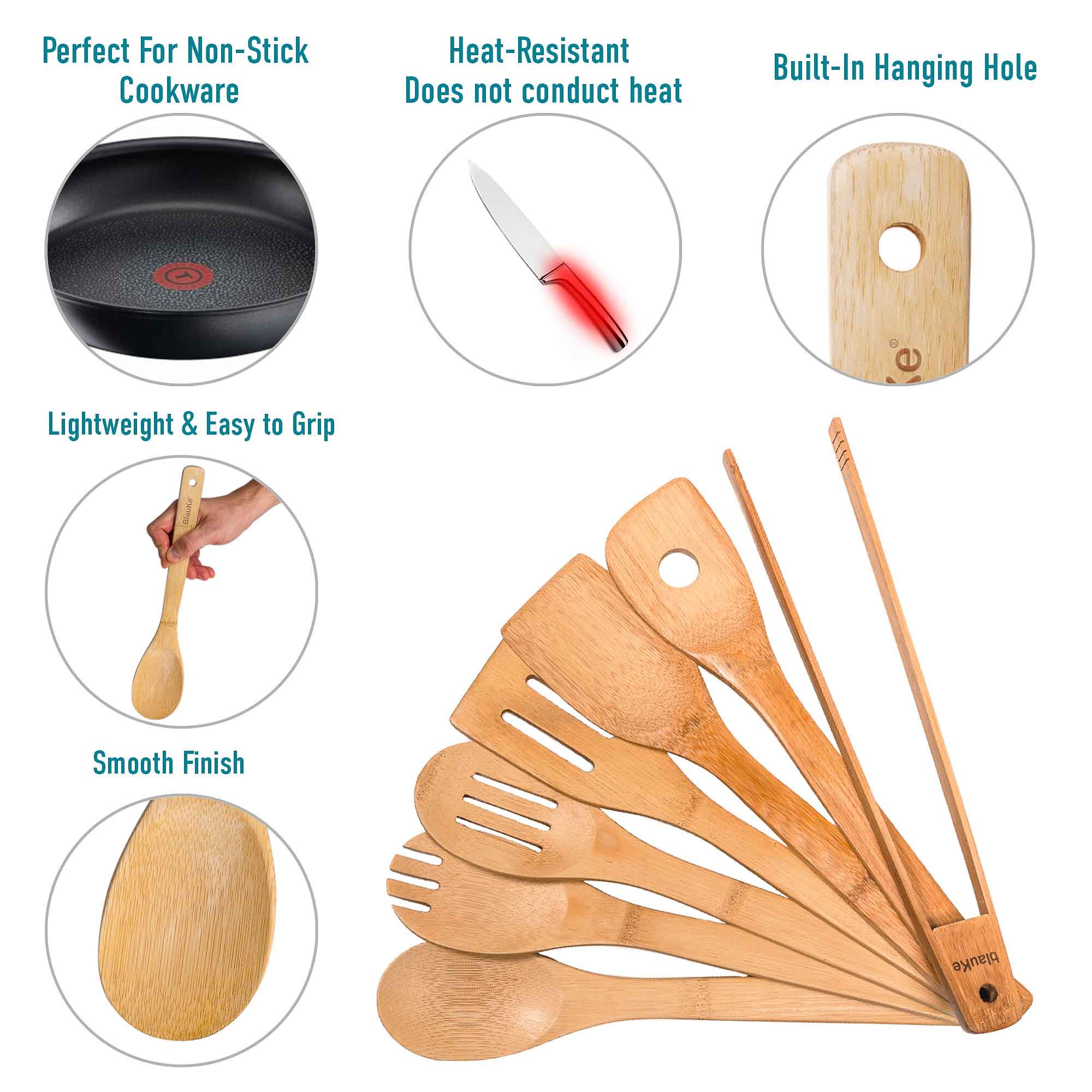 Wooden Spoons for Cooking 7-Pack - Bamboo Kitchen Utensils Set for Nonstick Cookware