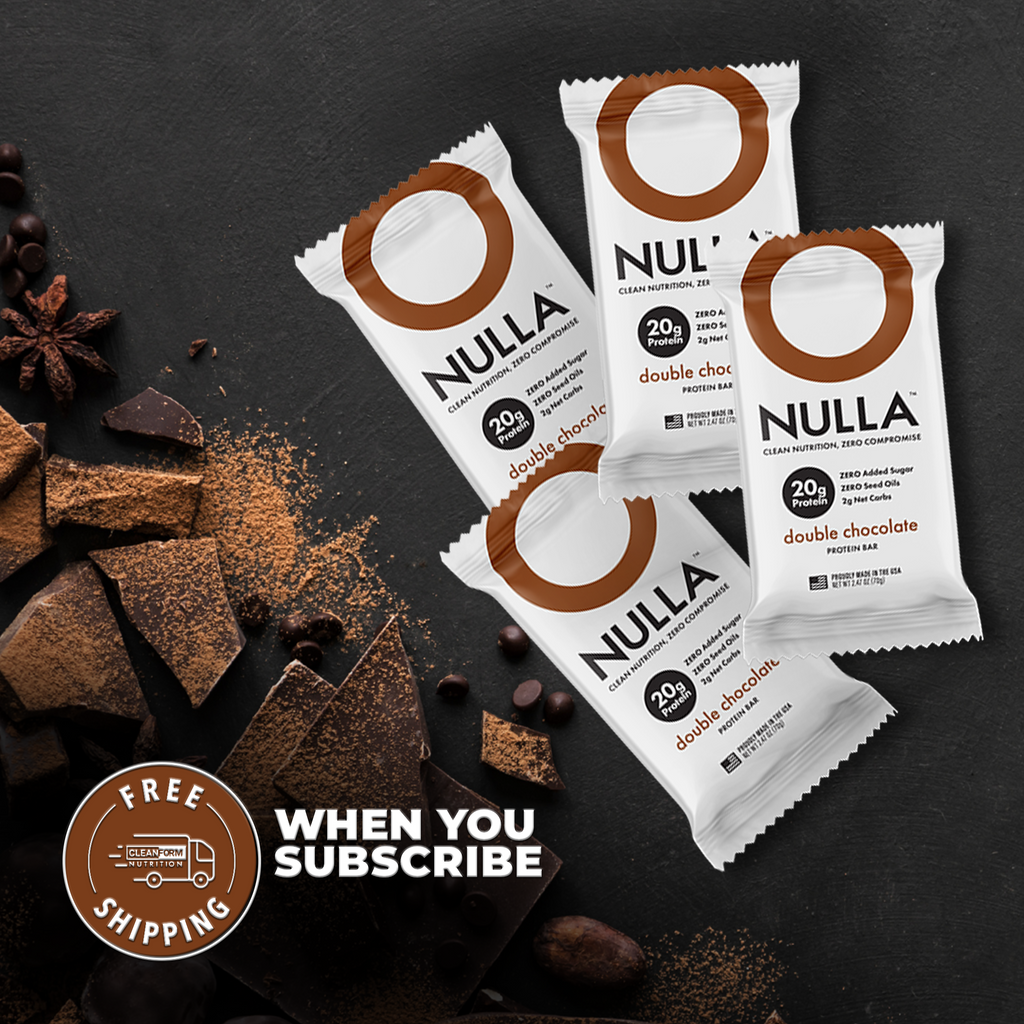 NULLA double chocolate protein bars on a dark surface with free shipping offer.