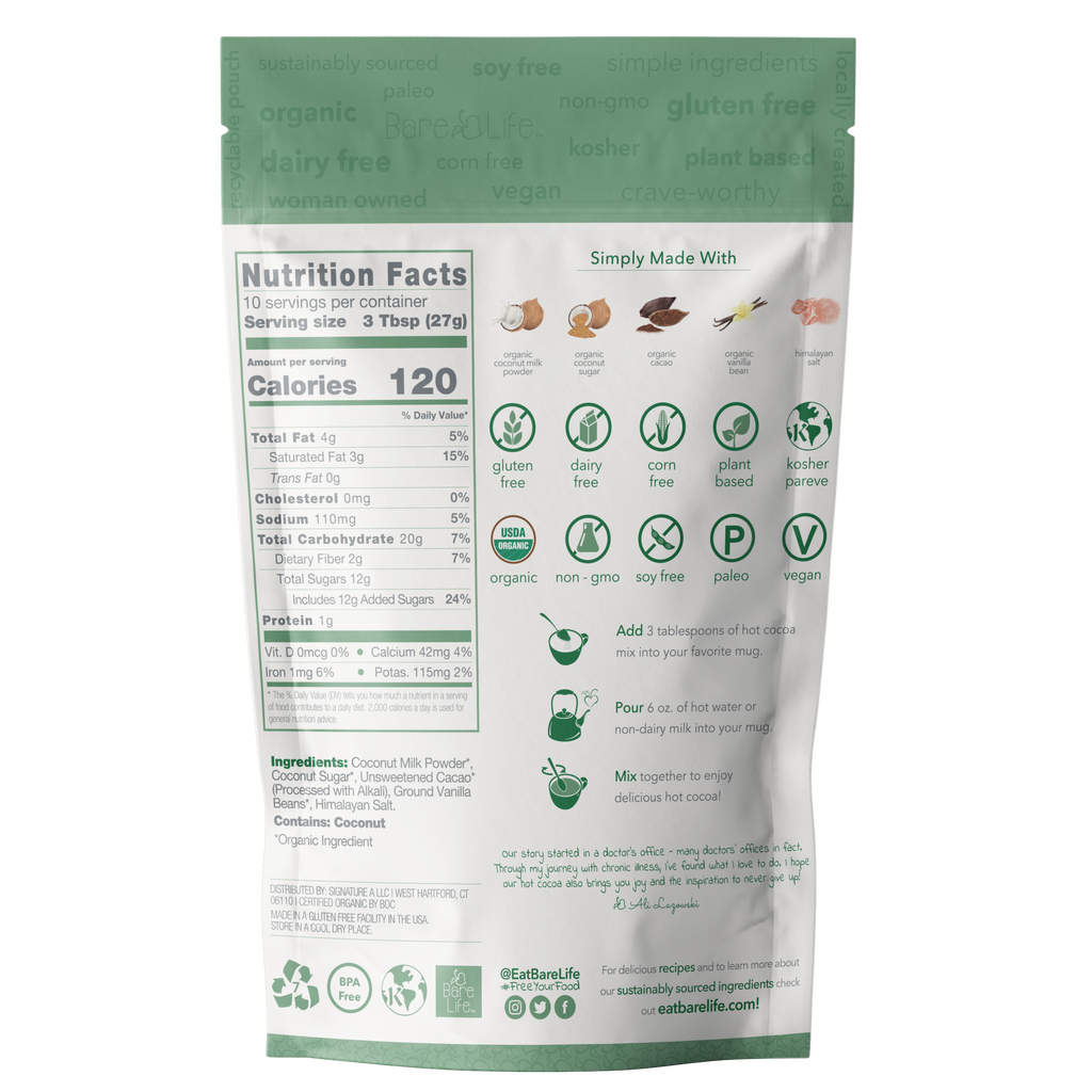 Instant Dairy Free Coconut Hot Cocoa Mix  |  10 Serving Pouch | Gluten Free, Vegan and Organic