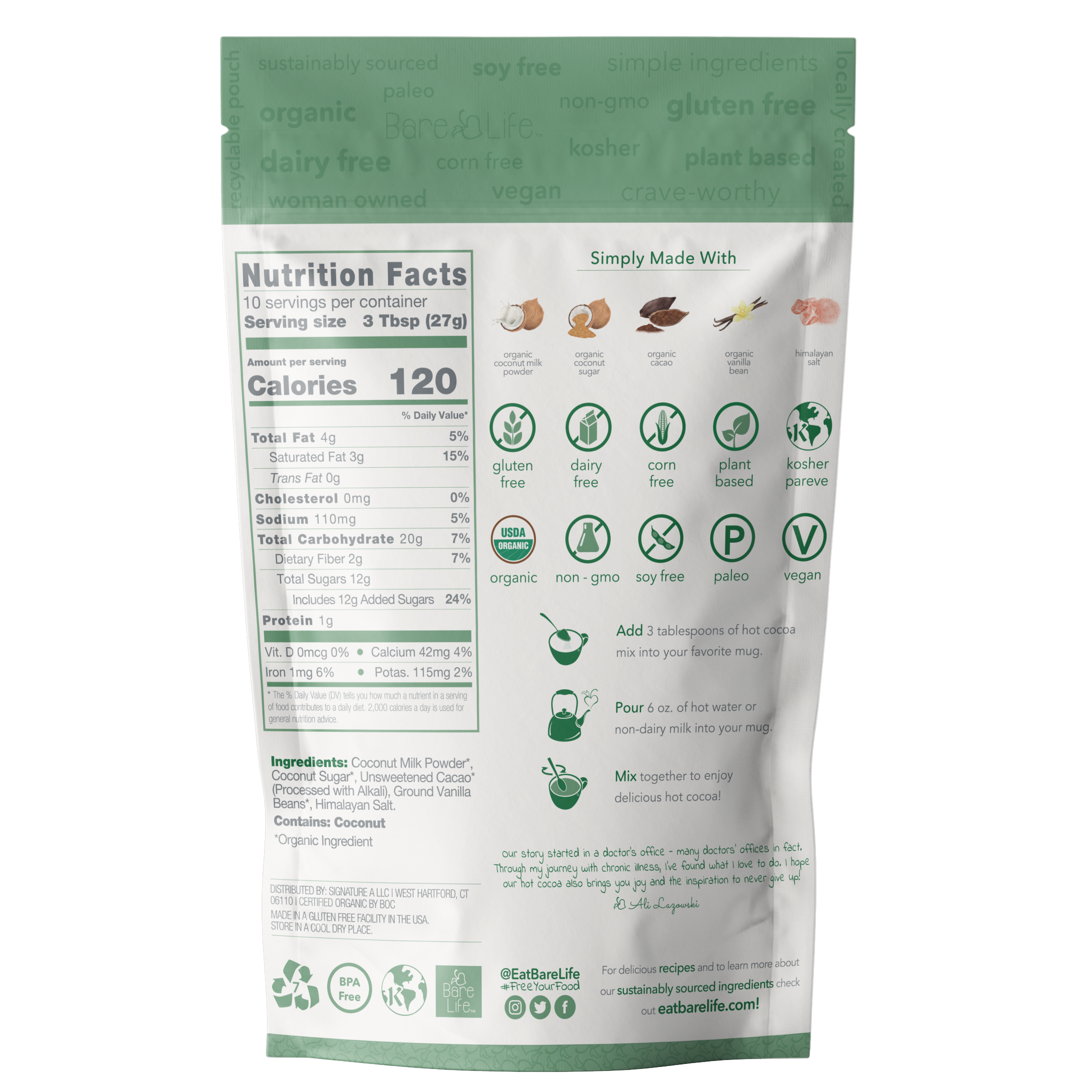 Instant Dairy Free Coconut Hot Cocoa Mix  |  10 Serving Pouch | Gluten Free, Vegan and Organic