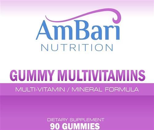 AmBari Nutrition Gummy Multivitamins dietary supplement bottle with 90 fruit-flavored multivitamin and mineral gummies. Weight Loss Specific Gummy MultiVitamin - Mineral Formula