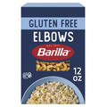Professional product photography of a box of Barilla Gluten Free Elbows pasta, centered on a clean, solid white background with soft, even studio lighting and sharp focus.