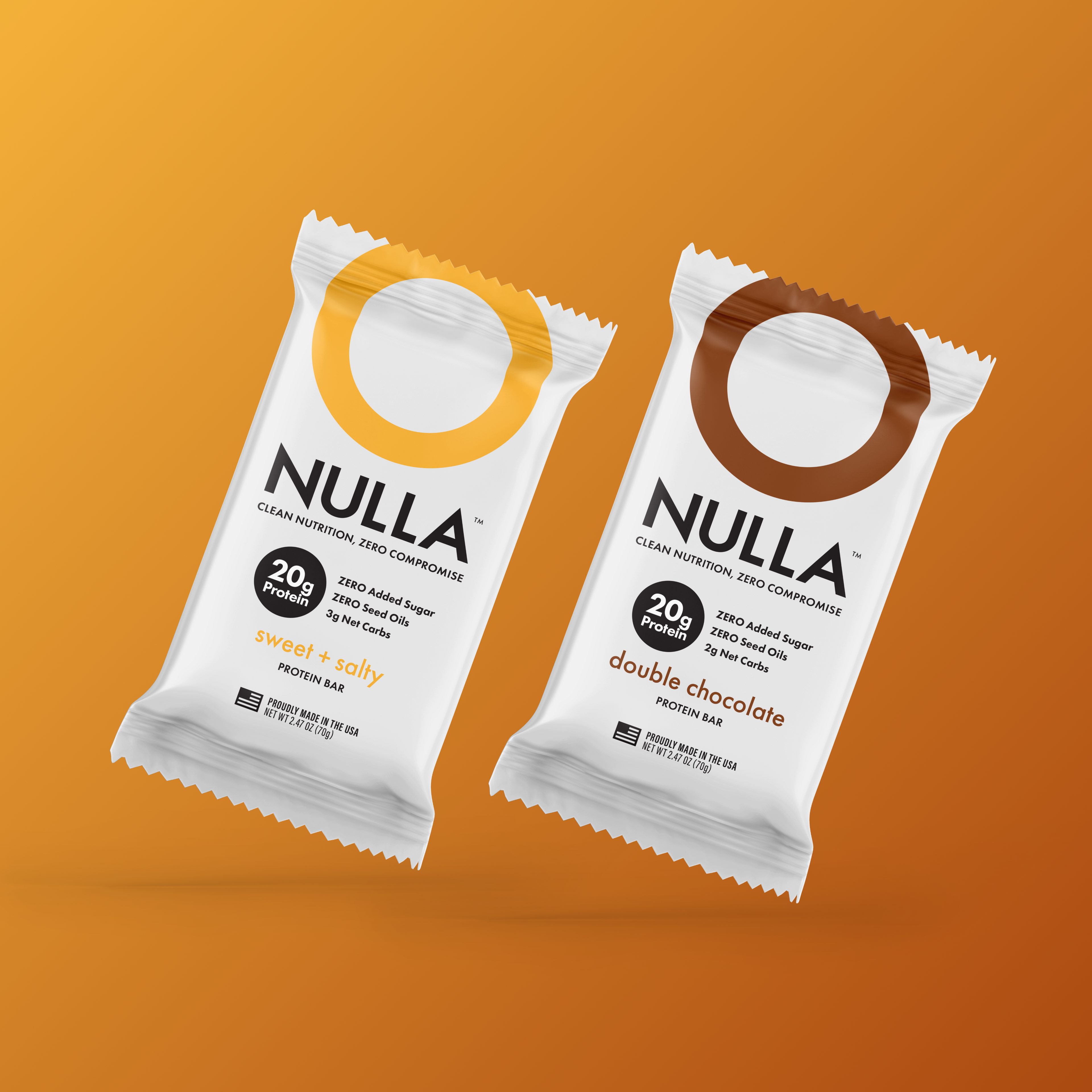 Two NULLA protein bars on an orange background