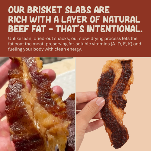 100% grass-fed and finished beef brisket slabs with a natural layer of beef fat, explaining the slow-drying process that preserves fat-soluble vitamins alongside close-up images of the rich, savory dried beef snack.