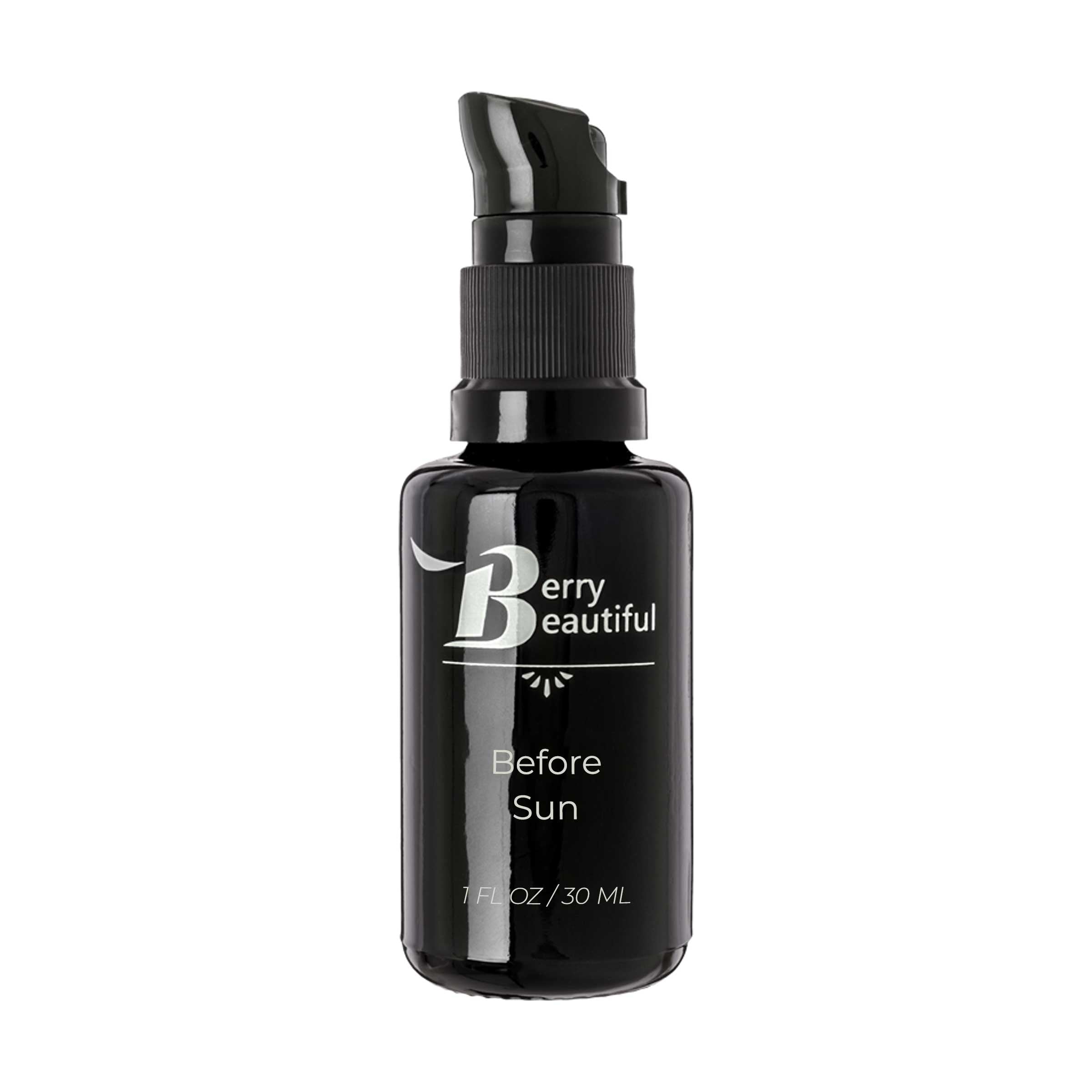 Black bottle of Berry Beautiful After Sun on a white background