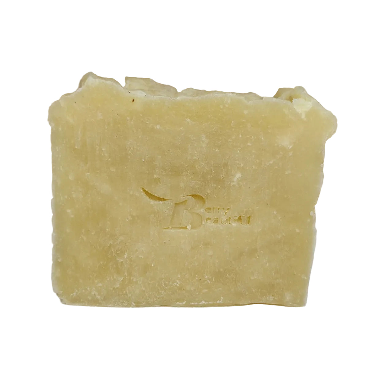 Bar of soap with a brand logo on a white surface with straw in the background