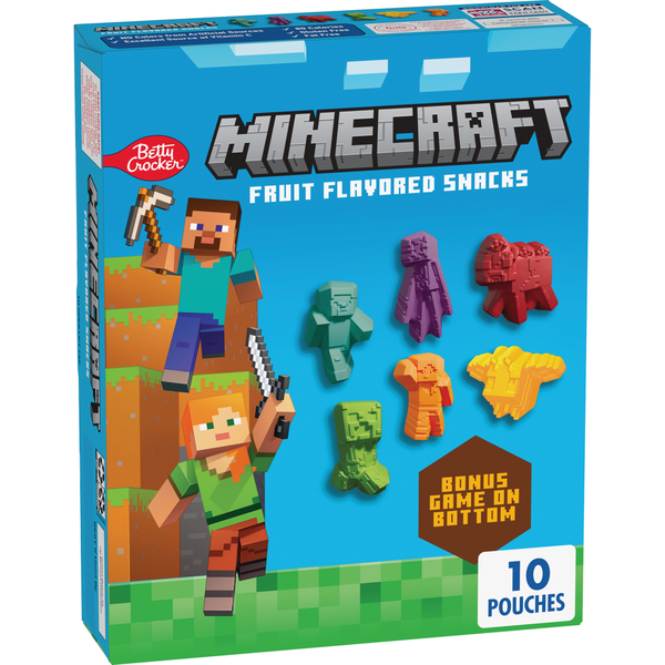 Minecraft-themed fruit snacks packaging with characters and pixelated graphics on a blue background. Betty Crocker Minecraft Fruit Flavored Kids Snacks: NO Colors from Artificial Sources, Excellent Source of Vitamin C, 80 Calories, Gluten Free, Fat Free