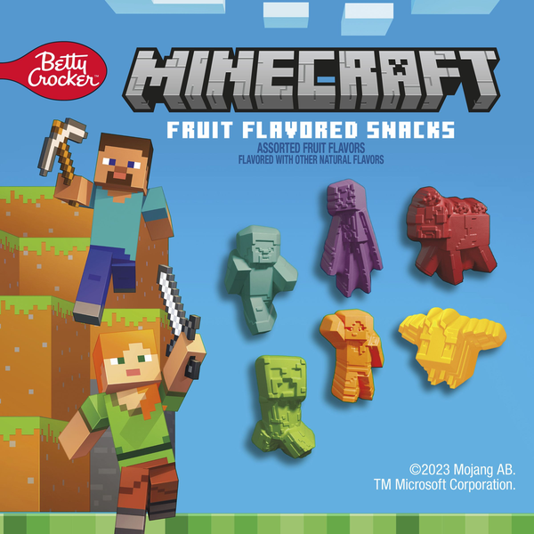 Minecraft-themed fruit flavored snacks packaging with characters and pixelated designs on a blue background. Betty Crocker Minecraft Fruit Flavored Kids Snacks: NO Colors from Artificial Sources, Excellent Source of Vitamin C, 80 Calories, Gluten Free, Fat Free