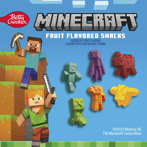 Minecraft-themed fruit flavored snacks packaging with characters and pixelated designs on a blue background. Betty Crocker Minecraft Fruit Flavored Kids Snacks: NO Colors from Artificial Sources, Excellent Source of Vitamin C, 80 Calories, Gluten Free, Fat Free