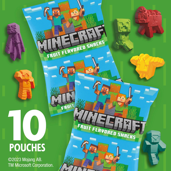 Minecraft-themed fruit snack packages with character figures on a green background. Betty Crocker Minecraft Fruit Flavored Kids Snacks: NO Colors from Artificial Sources, Excellent Source of Vitamin C, 80 Calories, Gluten Free, Fat Free