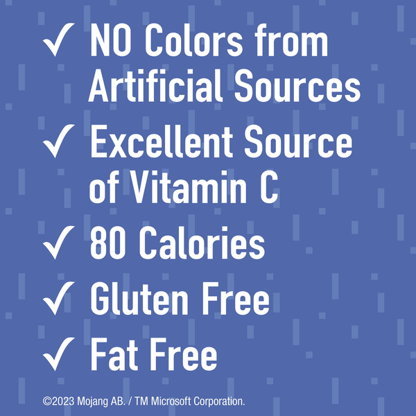 List of nutritional and health benefits on a blue background with Minecraft branding. NO Colors from Artificial Sources, Excellent Source of Vitamin C, 80 Calories, Gluten Free, Fat Free. Betty Crocker Brand Kids Fruit Snacks.