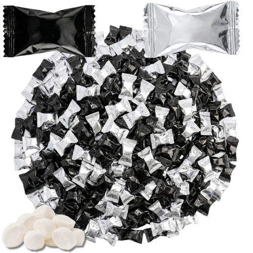 Black and silver individually wrapped butter mints with loose white buttermint candies, perfect for weddings, casino nights, graduations, anniversaries, New Year's Eve parties, candy buffets, and event favors.