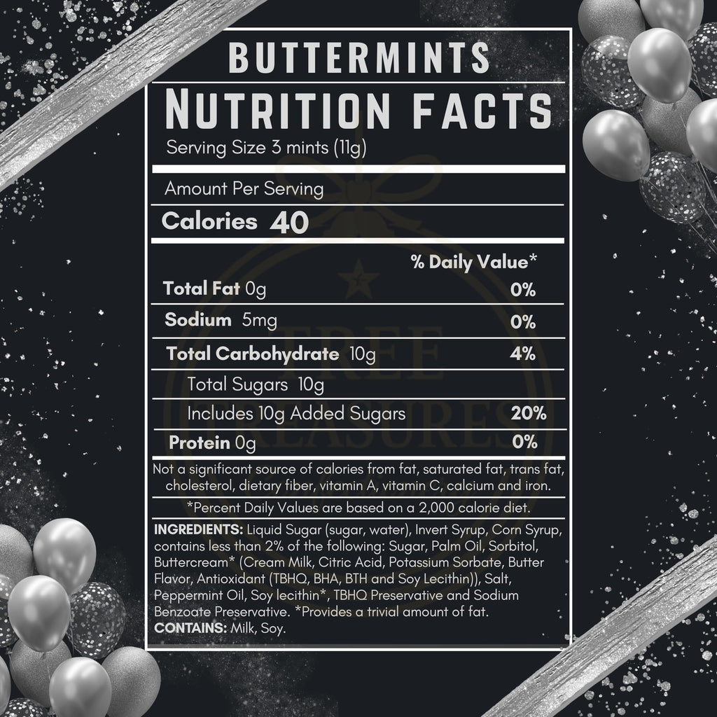 Black and silver buttermints nutrition facts label showing serving size, calories, ingredients, and allergen information with festive silver balloons and glitter accents.
