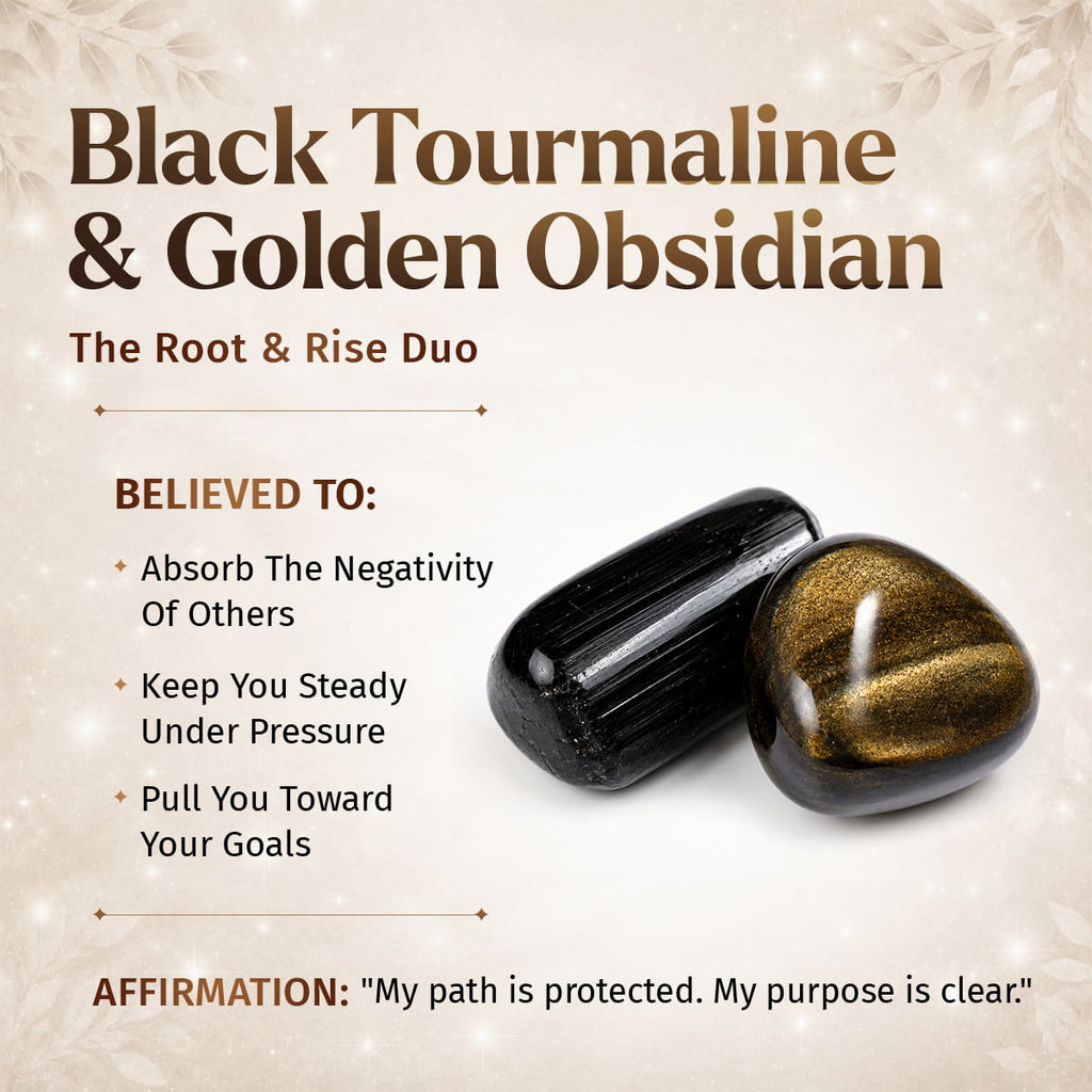 Black tourmaline and golden obsidian stones displayed on a light beige background with decorative text describing their spiritual benefits and affirmation. Direction of Wealth & Success - The Spiritual Protection Bracelet with Black Tourmaline and Golden Obsidian for Absorbing Negativity