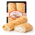 Carbolicious Low-Carb Cheese Blintzes in retail packaging with two golden crepes filled with creamy cheese on a white background. Keto-friendly, sugar-free cheese blintzes made with low-carb ingredients.