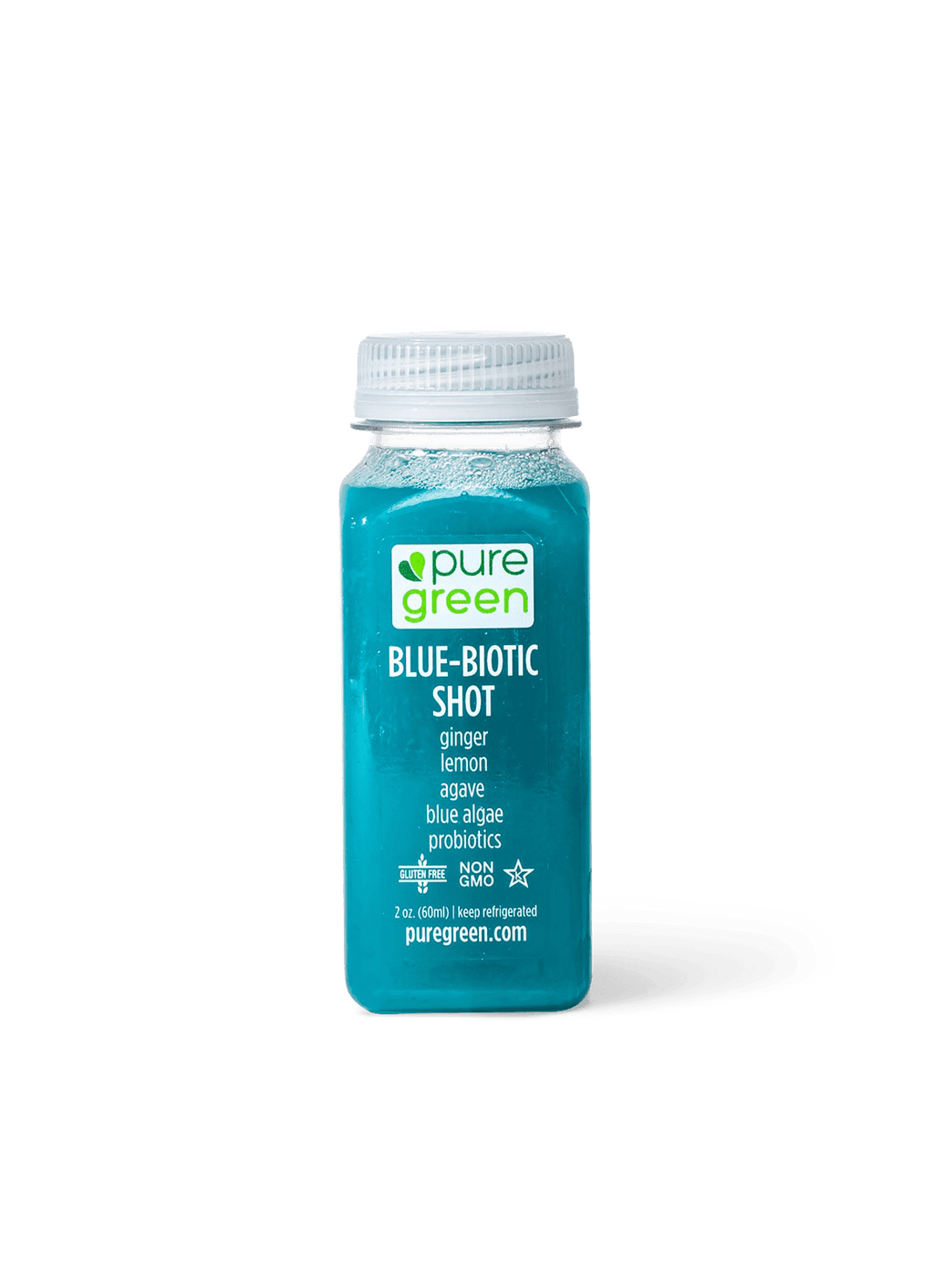 Pure Green Blue Biotic Shot cold-pressed probiotic juice with ginger, lemon, agave, blue algae, and probiotics in a 2 oz bottle on a transparent background. Non-GMO, gluten-free, and vegan wellness shot.