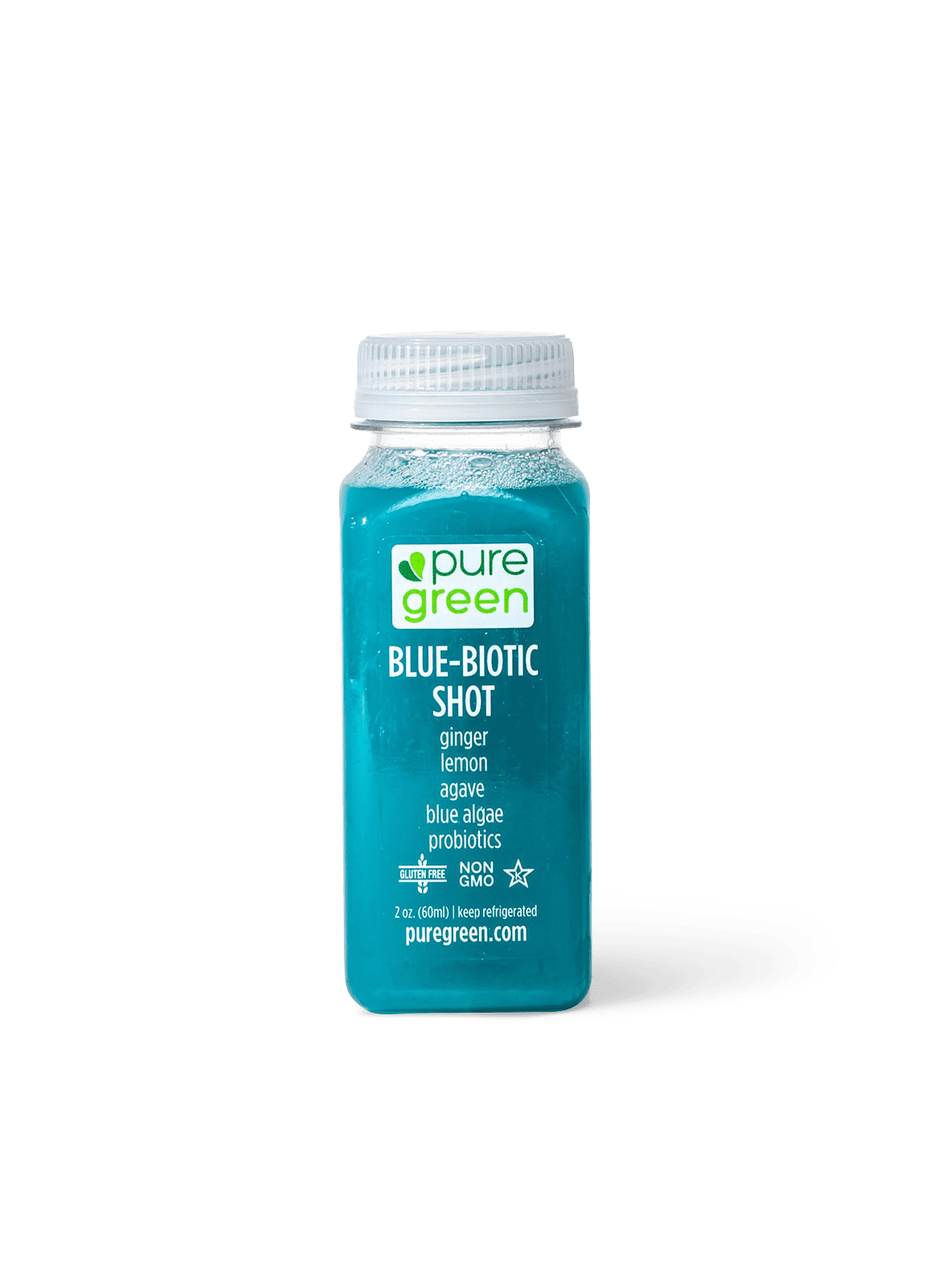 Pure Green Blue Biotic Shot cold-pressed probiotic juice with ginger, lemon, agave, blue algae, and probiotics in a 2 oz bottle on a transparent background. Non-GMO, gluten-free, and vegan wellness shot.
