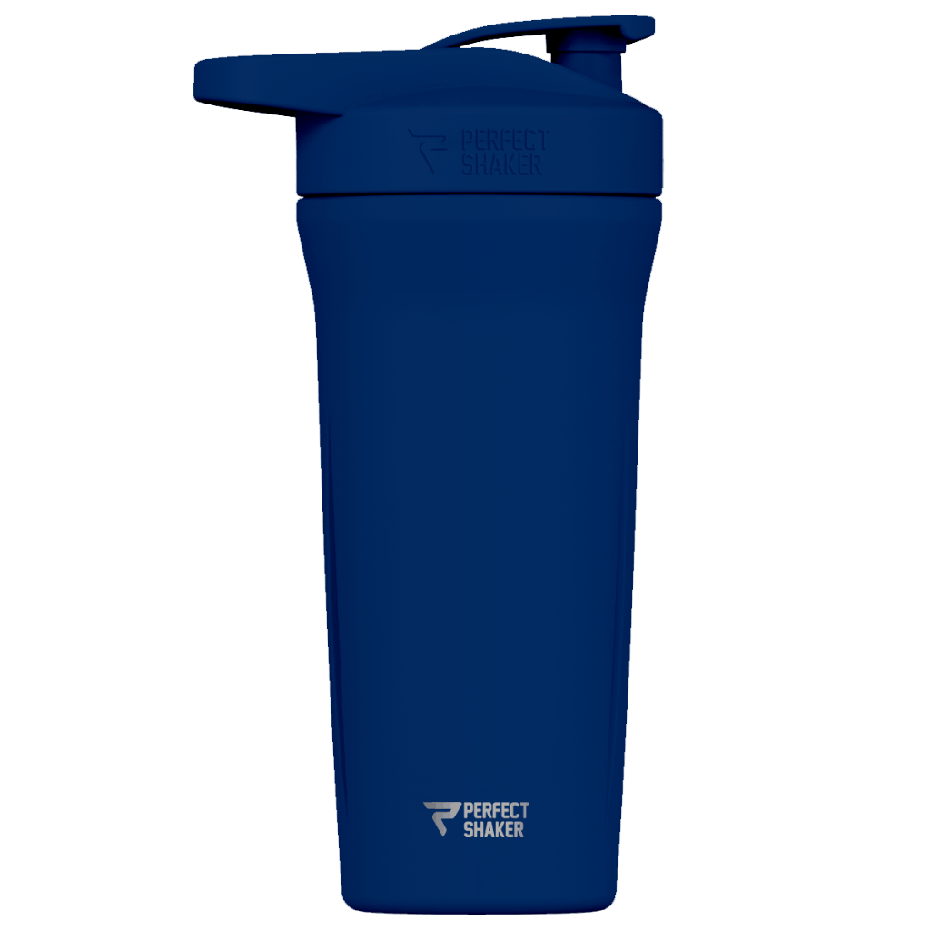 Blue shaker bottle withPerfect Shaker logo on a white background