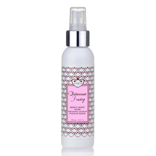 Buttercream Frosting Hydrating Body Mist spray bottle with organic aloe and willow bark on a white background.