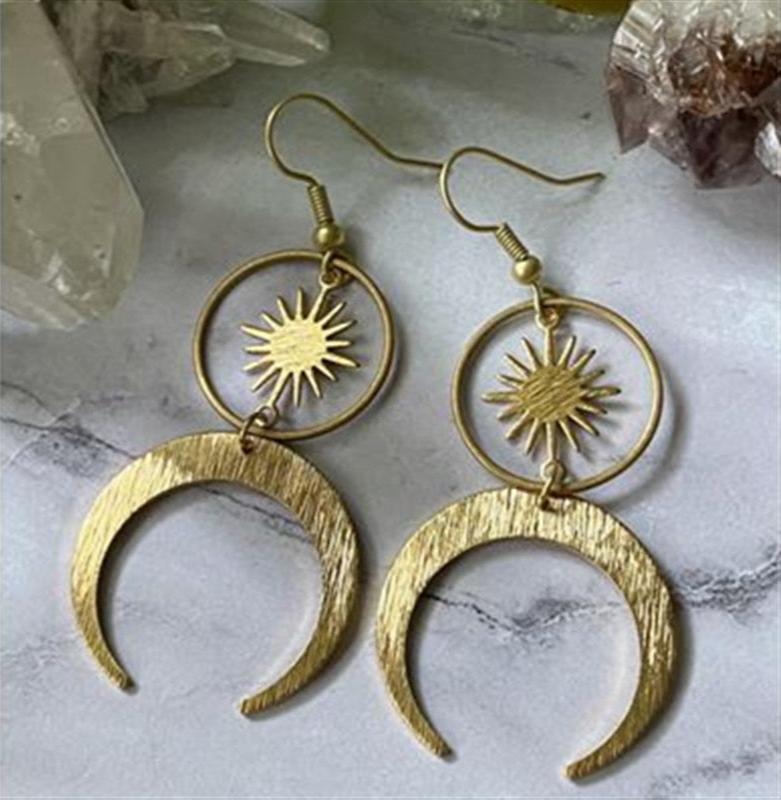 Druzy Crescent Moon Sun Earrings