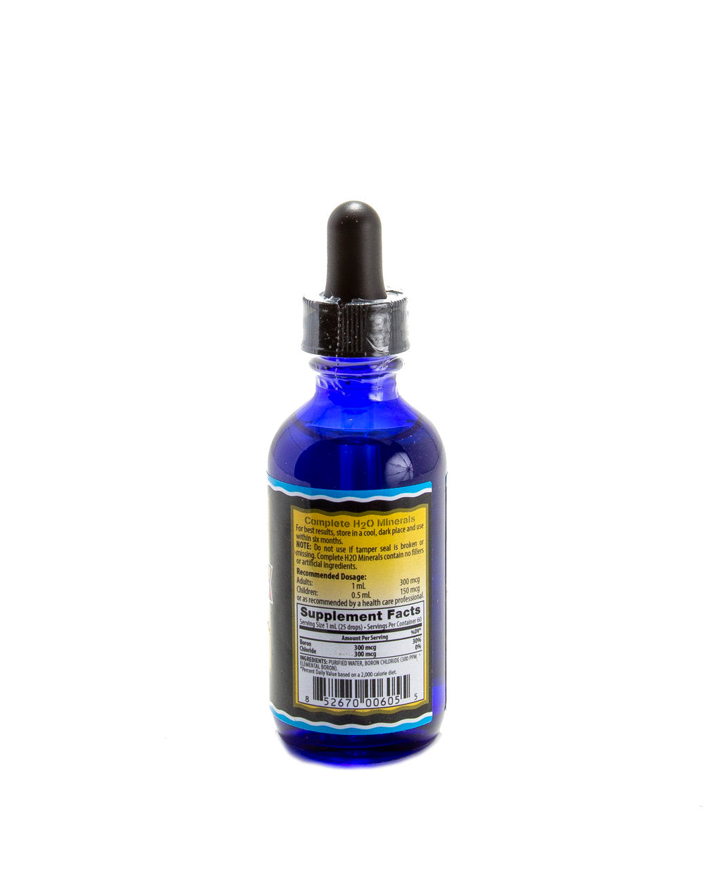 Blue glass dropper bottle with a label on a white background