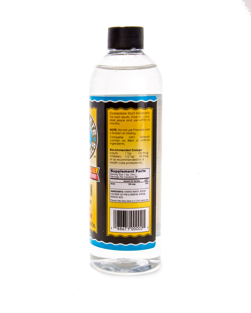 Clear bottle with a black cap and colorful label on a white background